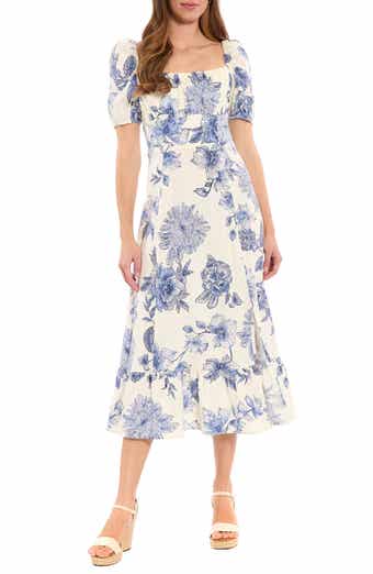 London Times Floral Puff Sleeve Empire Waist Sheath Midi Dress