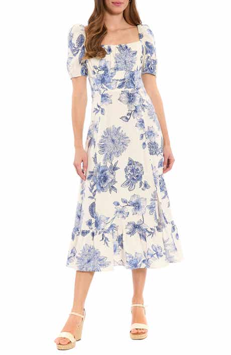 London Times Floral Puff Sleeve Empire Waist Sheath Midi Dress