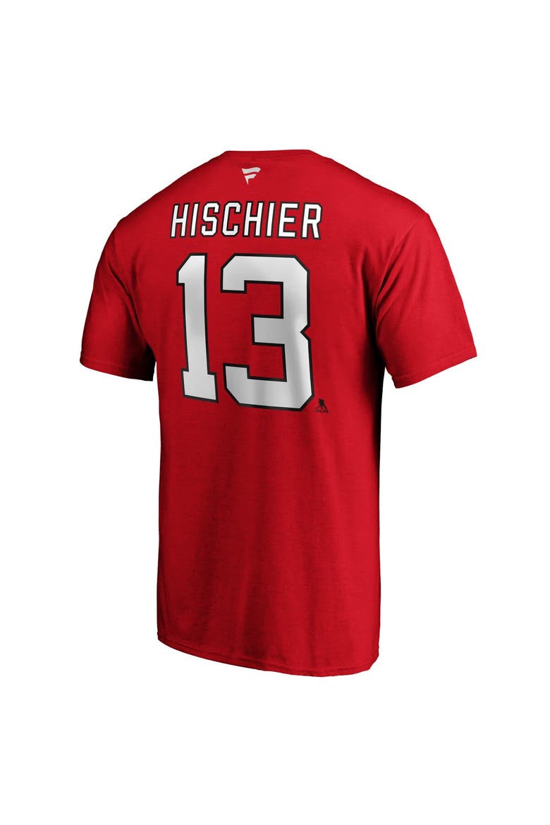 Men's Fanatics Branded Nico Hischier Red New Jersey Devils Team Authentic Stack Name & Number T-Shirt, Alternate, color, Red