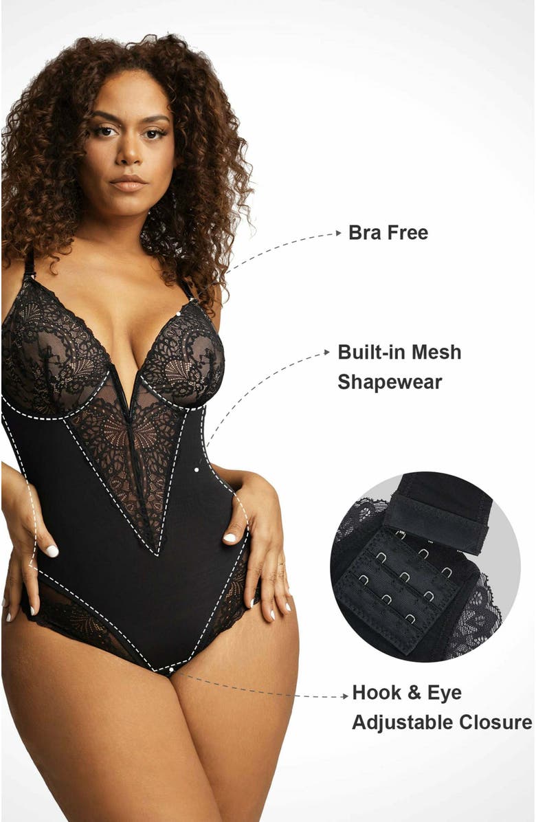 Popilush Shapewear Lace Deep V-Neck Sculpting Thong Bodysuit, Alternate, color, Midnight Black