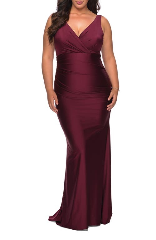 La Femme Simple Jersey Plus Size Gown With Faux Wrap Bodice In Dark Berry