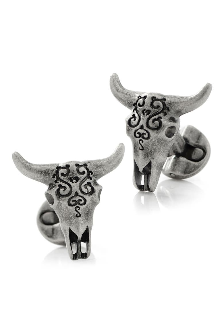 Cow Skull Cuff Links, Main, color, SILVER