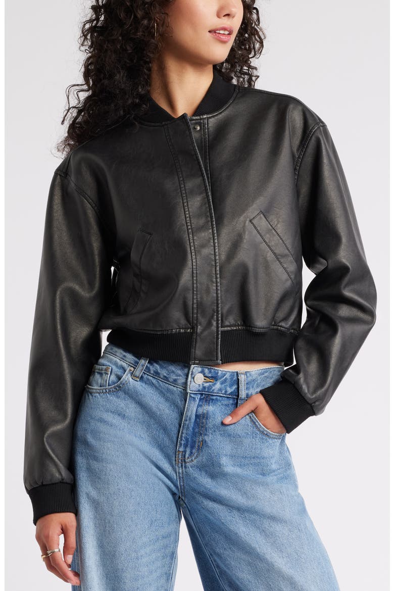 Faux Leather Bomber Jacket, Alternate, color, BLACK