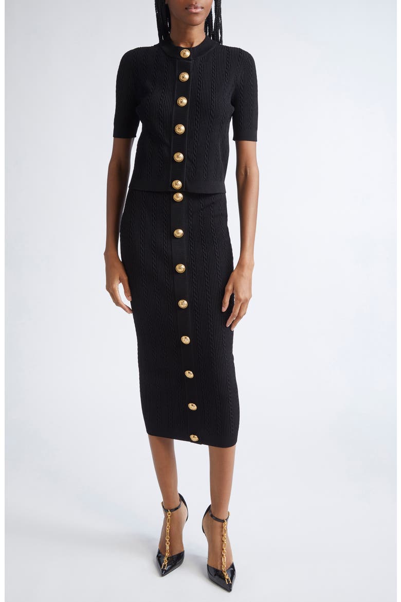 Torsade Button Detail Rib Cable Knit Midi Skirt, Alternate, color, 0PA BLACK