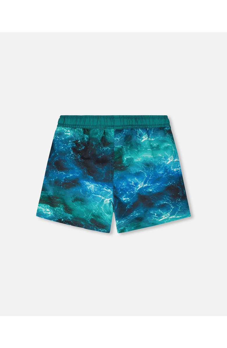 Deux par Deux Above the Knee Elastic Waist Dinosaur Waves Trunks, Alternate, color, Blue Waves Print
