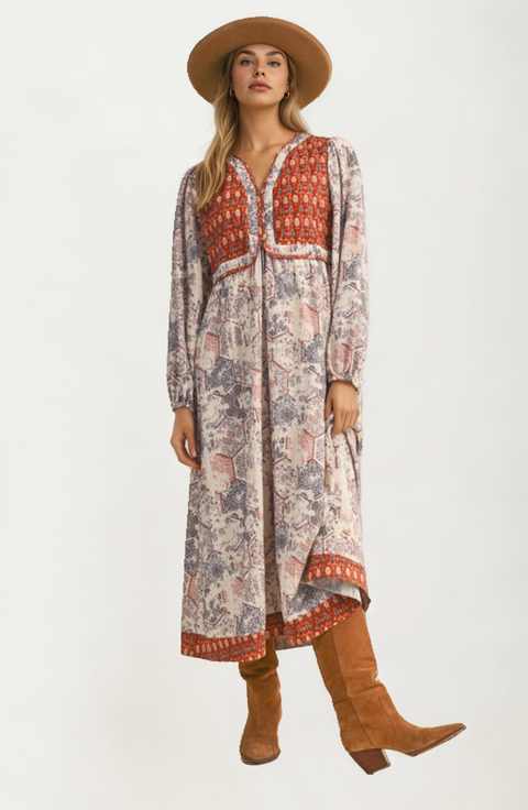 Patchwork Print Relaxed Fit Long Sleeve Maxi Dress