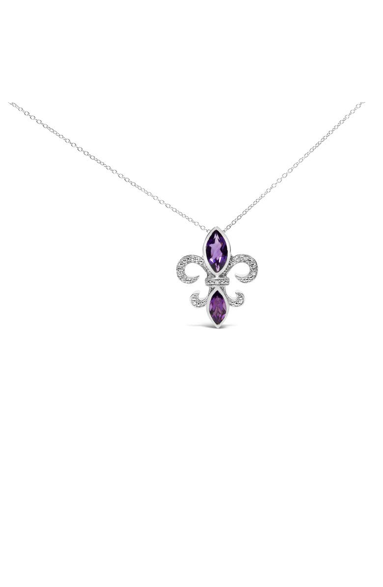 Haus of Brilliance Silver Purple Amethyst Marquise and Diamond Accent Fleur De Lis Pendant Necklace, Main, color, White