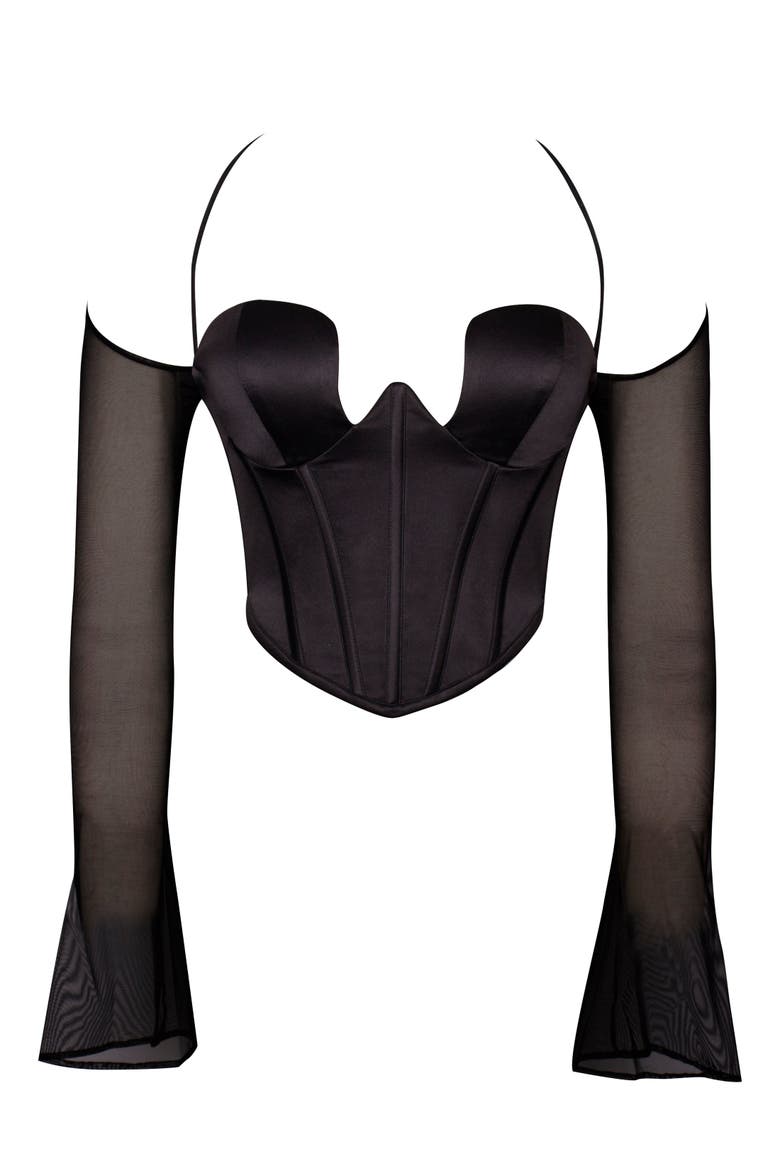 Pixie Mesh Sleeve Halter Corset Satin Top, Alternate, color, Black