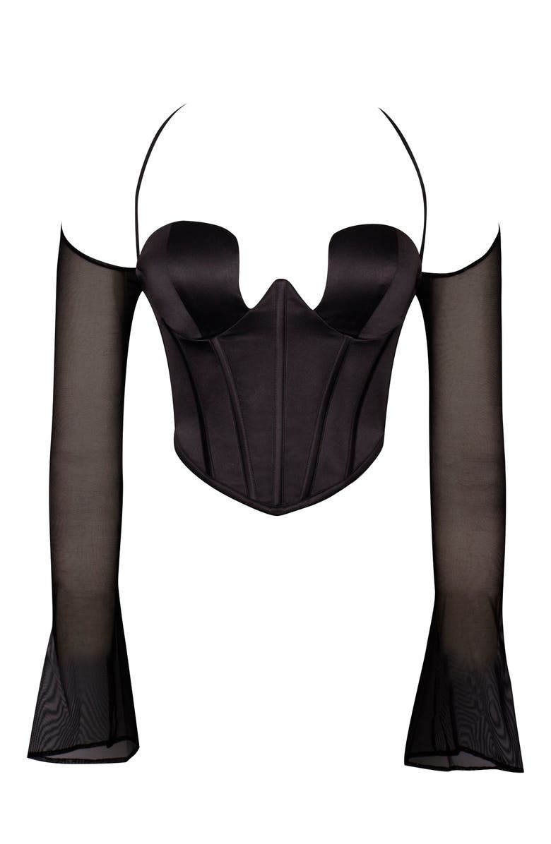 Miss Circle Pixie Mesh Sleeve Halter Corset Satin Top, Alternate, color, Black