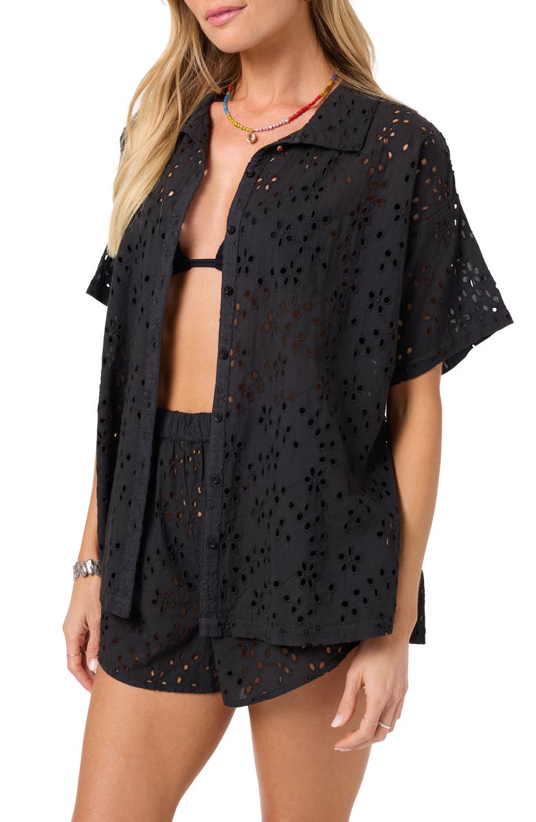 O'Neill Jenna Cotton Eyelet Cover-Up Shirt, Alternate, color, Black