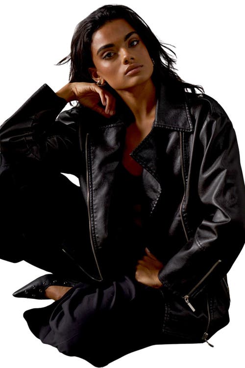Warehouse Oversized Whipstitch Leather Look Jacket In Black