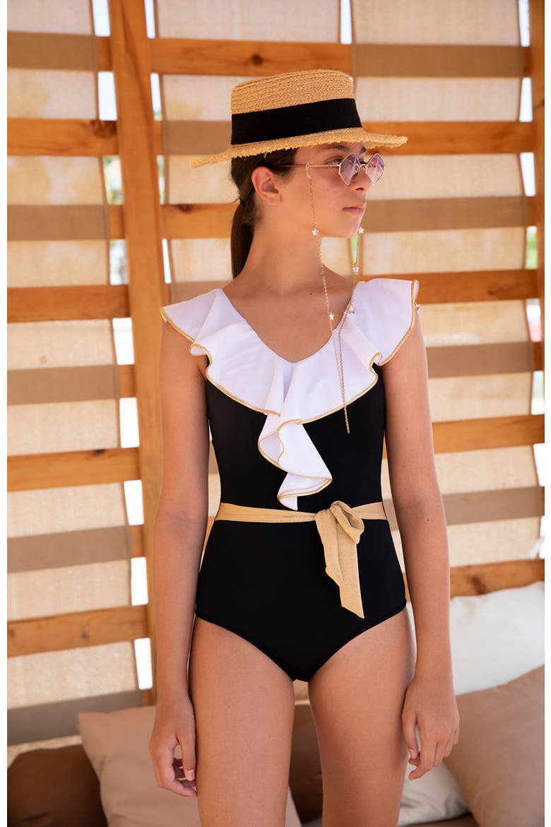Ruffled V-Neck Shimmering Gold Accents One-Piece Swimsuit, Alternate, color, Black