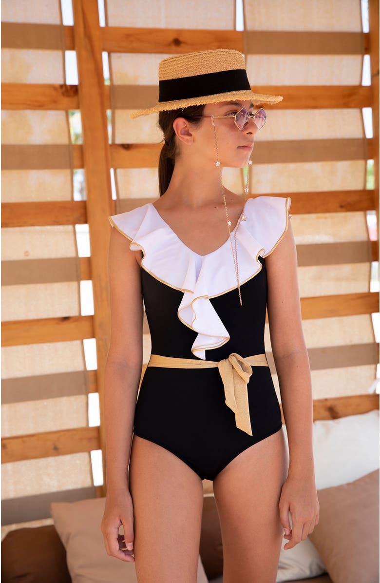 NESSI BYRD Ruffled V-Neck Shimmering Gold Accents One-Piece Swimsuit, Alternate, color, Black