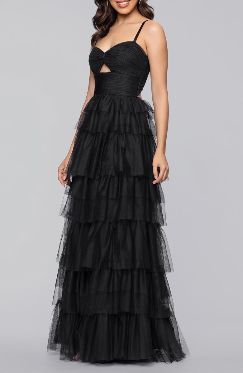Blondie Nites Tiered Ruffle Tulle Gown, Alternate, color, Black