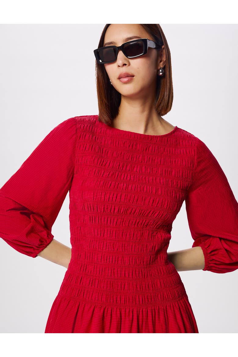 Smocked Bodice Midi Dress, Alternate, color, Red