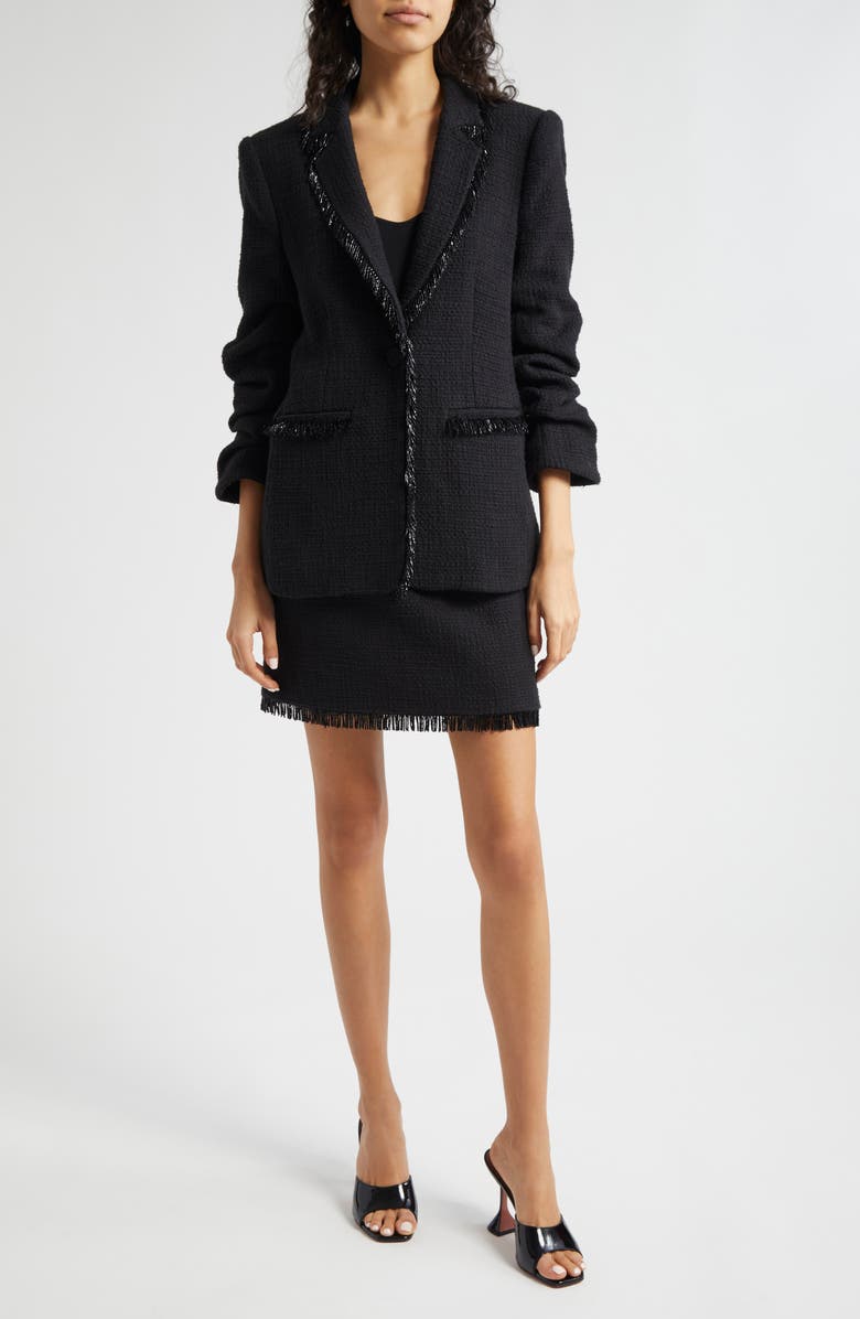 Cinq à Sept Kimmie Crystal Fringe Cotton Tweed Miniskirt, Alternate, color, Black