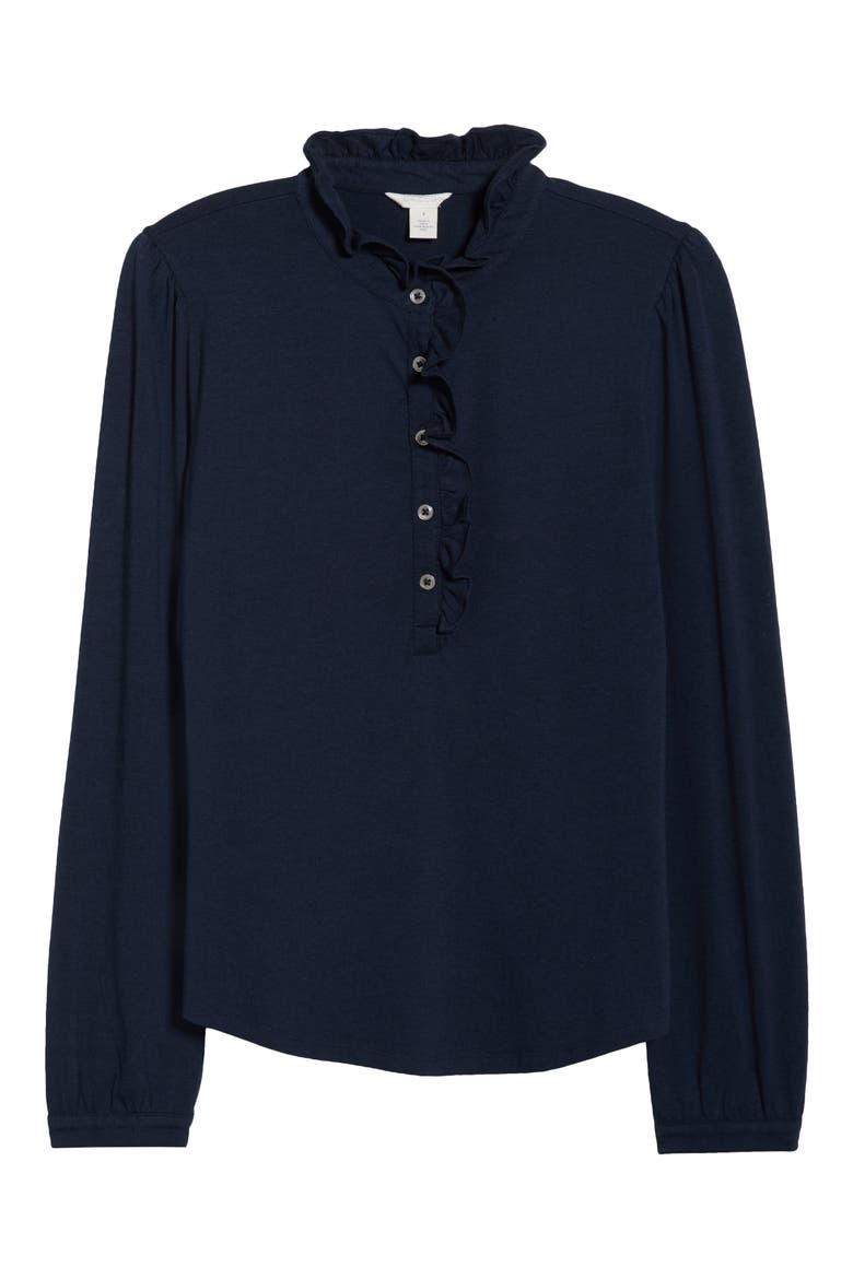 Ruffle Detail Henley Shirt, Alternate, color, NAVY STILL