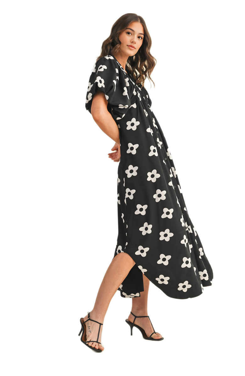Knit and Lounge Puff Sleeve Bold Floral Maxi Dress, Alternate, color, Black / White Floral
