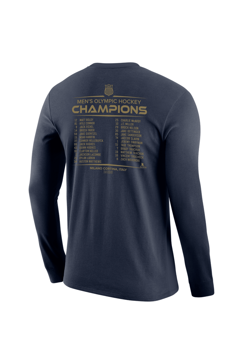 Men's Nike Navy Men's USA Hockey 2026 Winter Olympics Gold Medal Roster Long Sleeve T-Shirt, Alternate, color, Navy