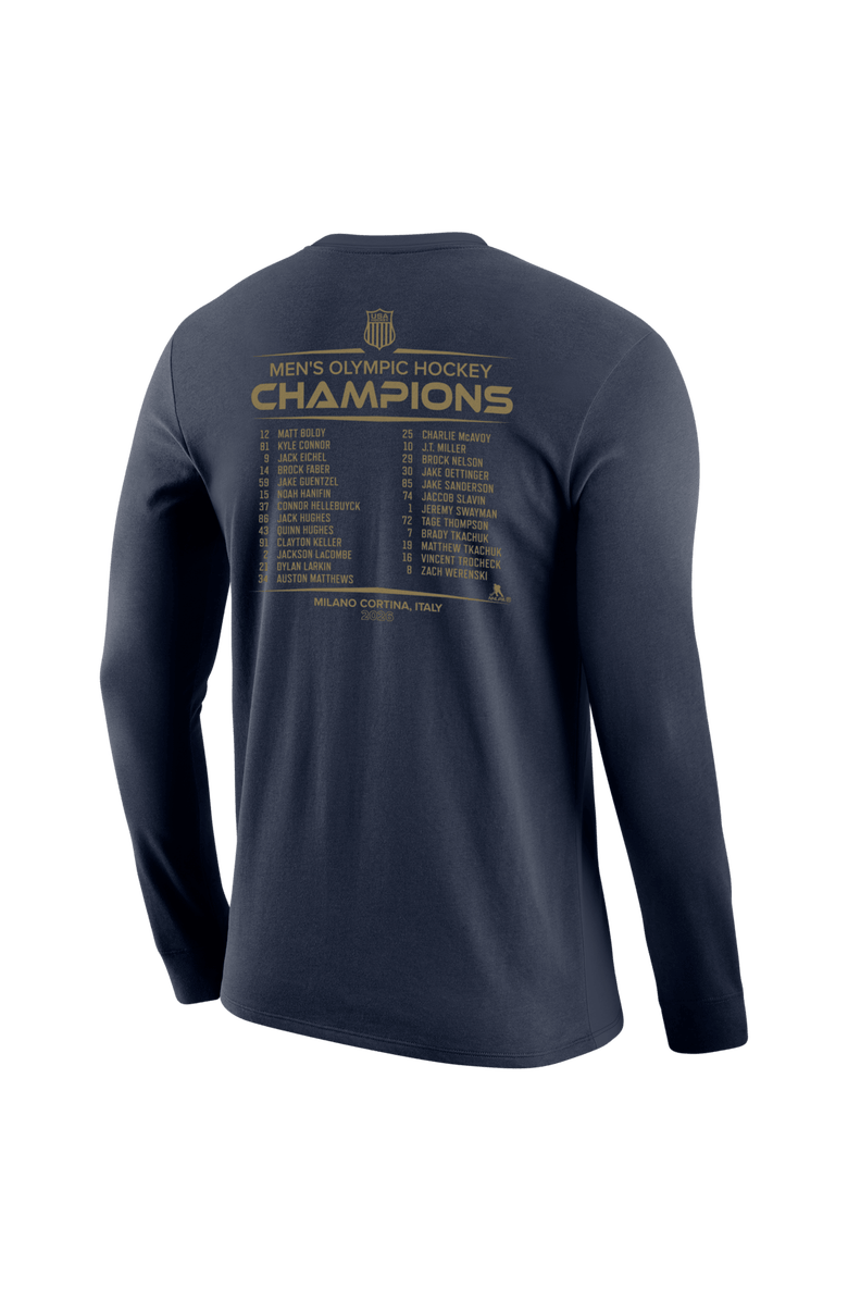 Nike Men's Nike Navy Men's USA Hockey 2026 Winter Olympics Gold Medal Roster Long Sleeve T-Shirt, Alternate, color, Navy