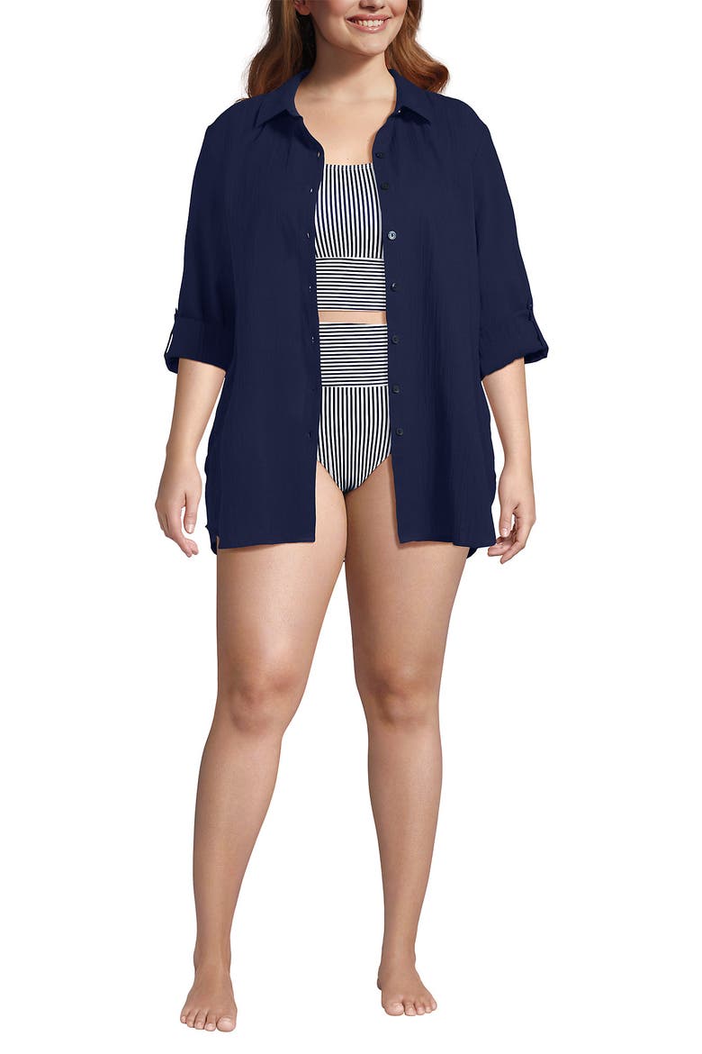 Plus Size New Button-Up Shirt Cover-Up Dress, Alternate, color, Deep Sea Navy