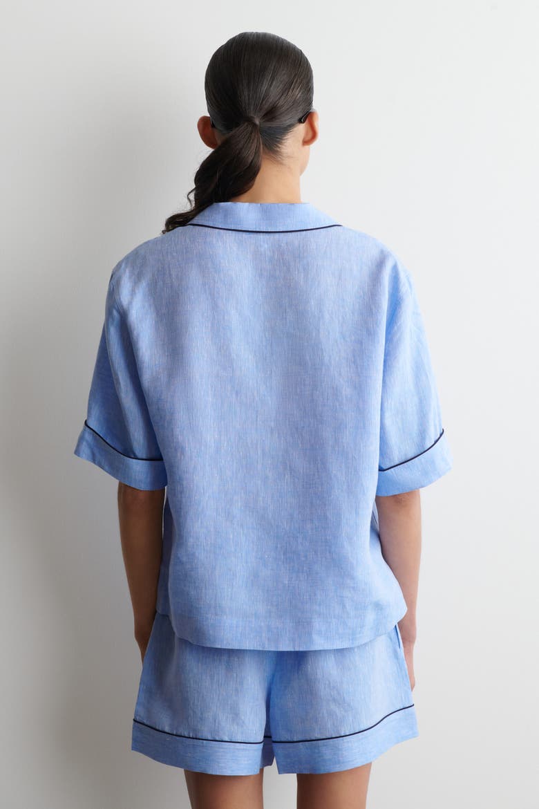Contrast-piped Linen Resort Shirt, Alternate, color, BLUE MÉLANGE