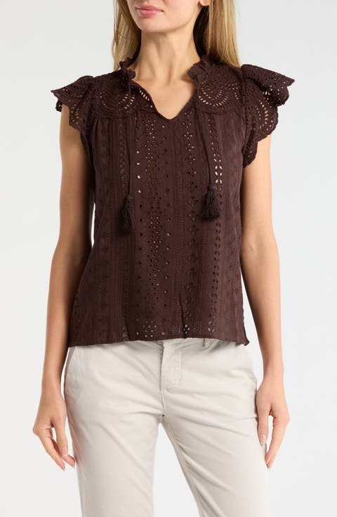 Embroidered Eyelet Cap Sleeve Top
