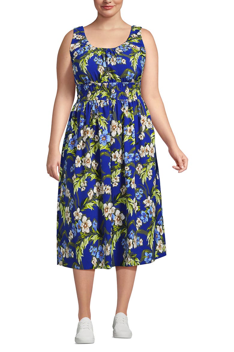 Plus Size Creaseless Scoop Neck Smocked Midi Dress, Main, color, Lapis Blue Floral Tropic
