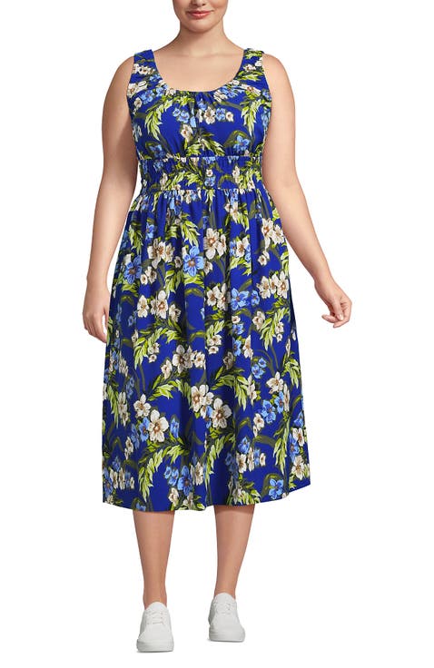Plus Size Creaseless Scoop Neck Smocked Midi Dress