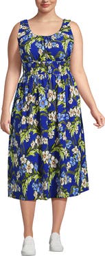 Lands' End Plus Size Creaseless Scoop Neck Smocked Midi Dress