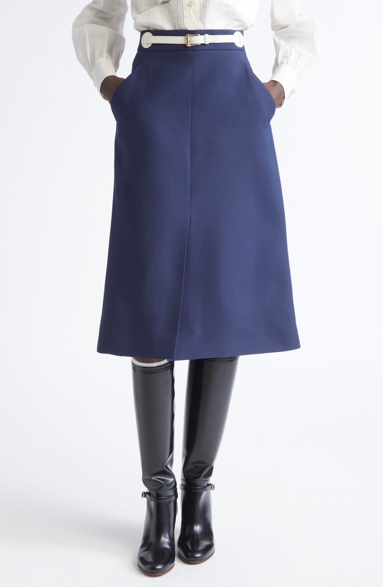 Valentino Garavani Belted Virgin Wool & Silk Midi Skirt, Main, color, Indigo Multi