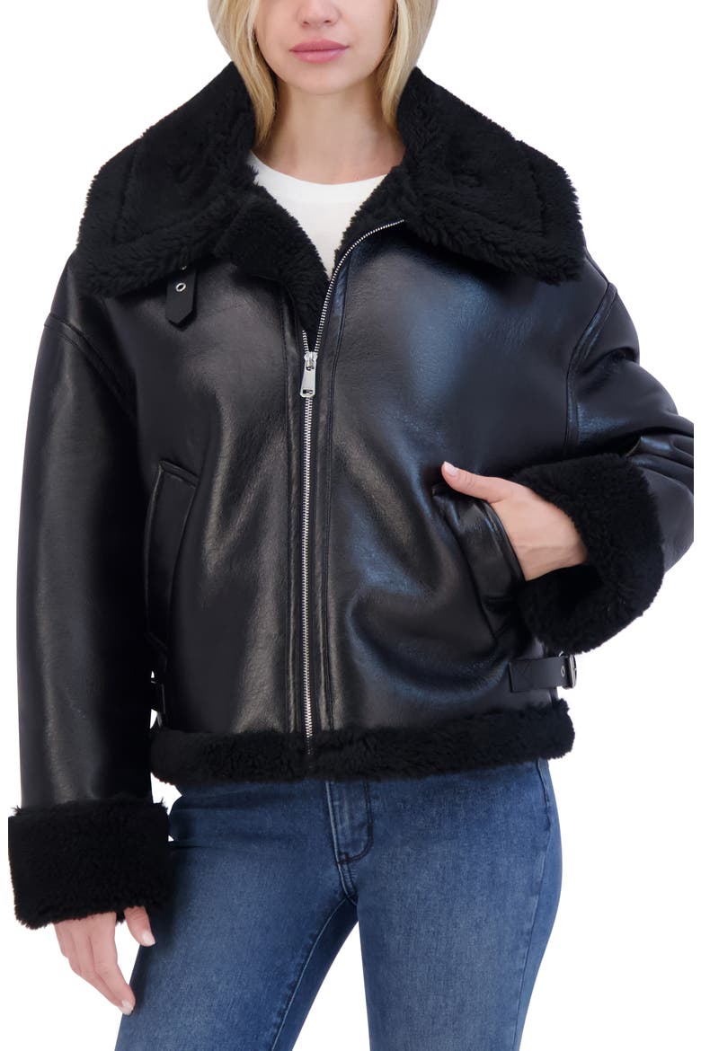 Faux Shearling Trimmed Faux Leather Jacket, Main, color, BLACK