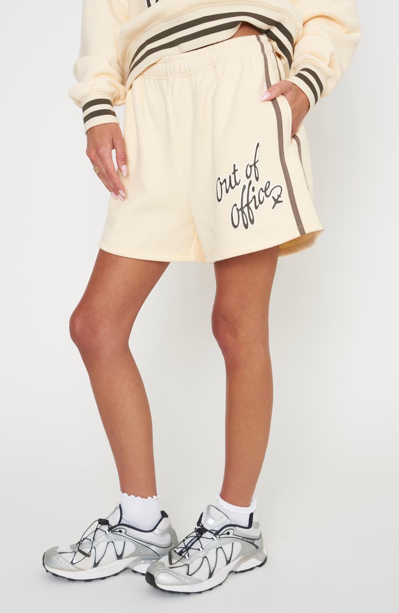 THE MAYFAIR GROUP Oversize XXL Out of Office Graphic Sweat Shorts, Main, color, Yellow