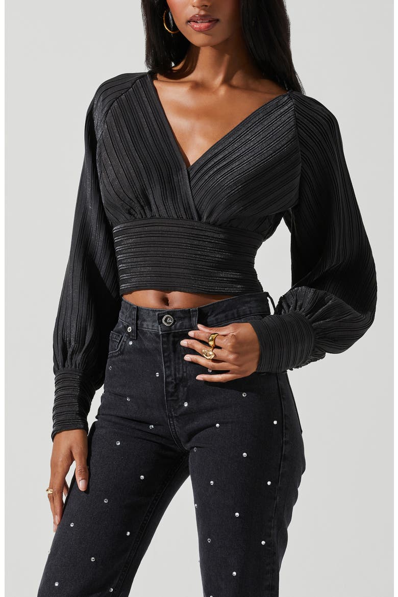Pernilla Long Sleeve Pleated Crop Top, Alternate, color, BLACK