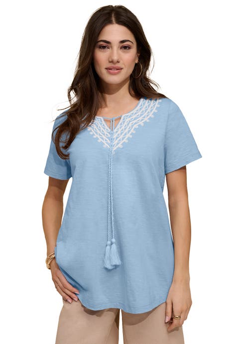 Plus Size Embroidered Notch Neck Tassel Tunic (plus)