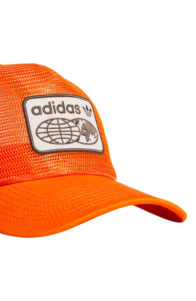 adidas Gender Inclusive Worldwide Patch Mesh Trucker Cap, Alternate, color, Orange/ White/ Earth Brown