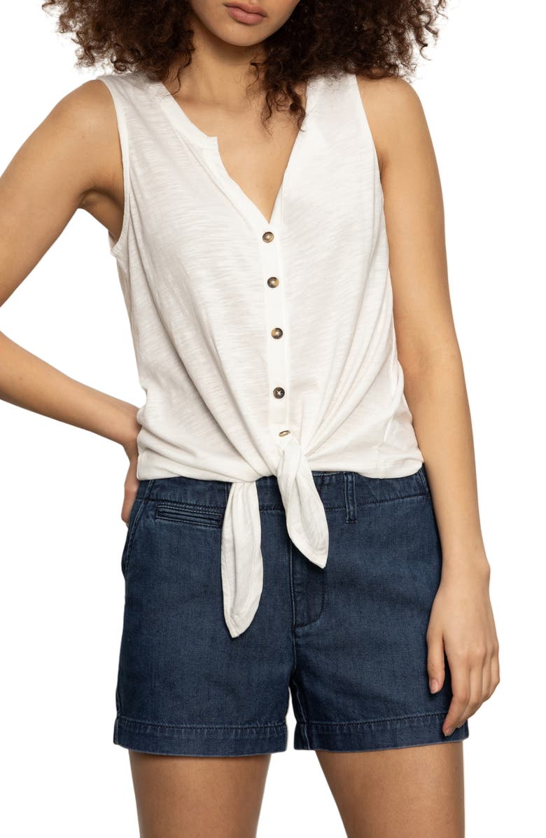 Sanctuary Tie Front Slub Jersey Button-Up Tank, Main, color, White