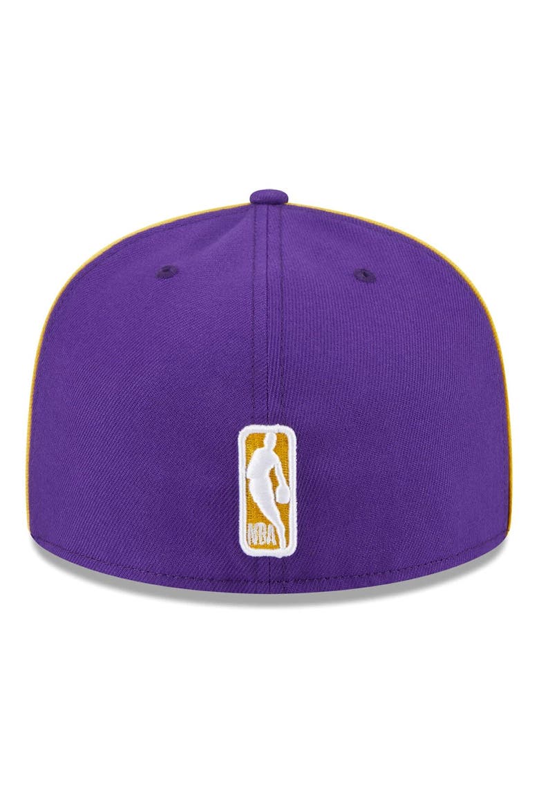 Men's New Era Purple Los Angeles Lakers Piped & Flocked 59Fifty Fitted Hat, Alternate, color, Purple