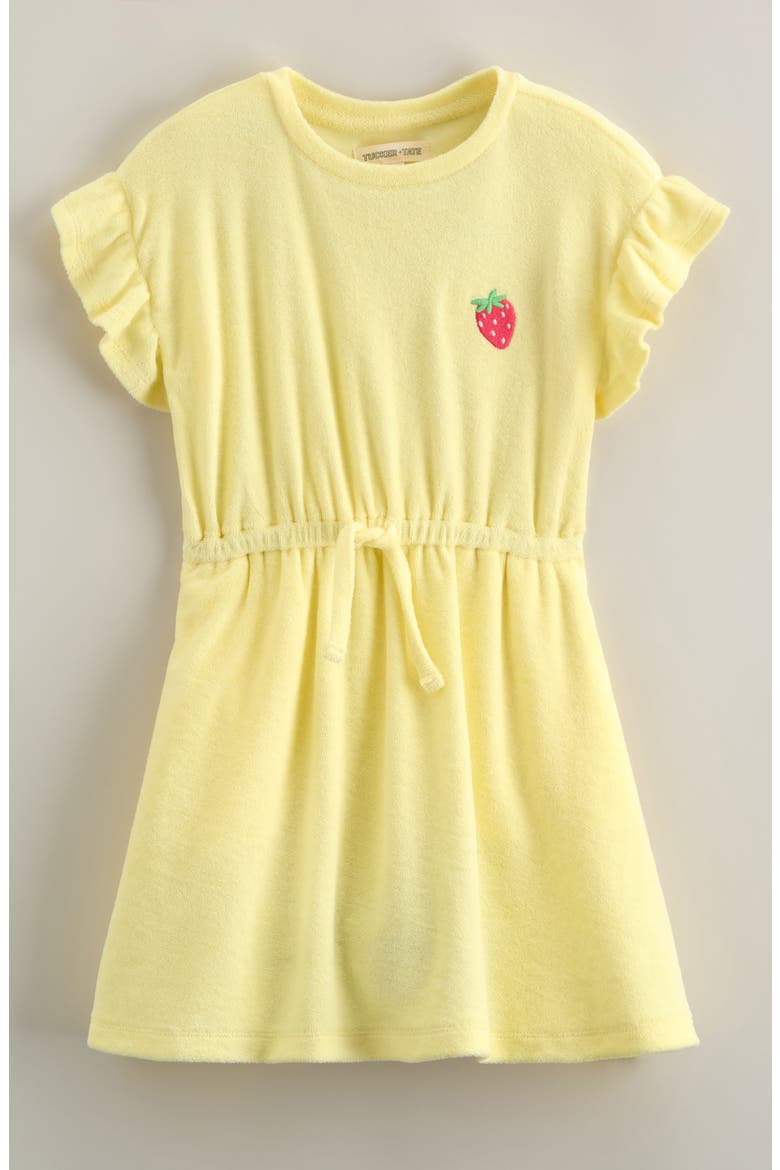 Kids' Flutter Sleeve Cotton Terry Dress, Main, color, YELLOW SWEET BERRY EMBROIDERY