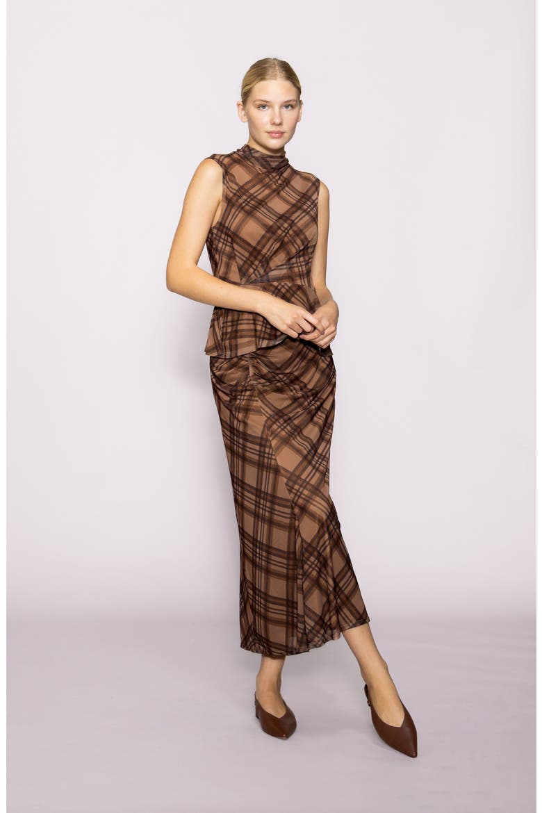 Side Cinch Plaid Mesh Peplum Top, Alternate, color, BROWN