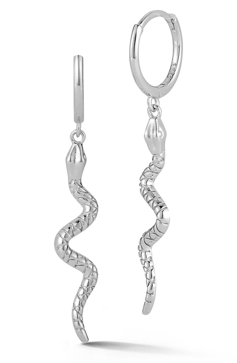 GLAZE JEWELRY Rhodium Plated Sterling Silver Snake Drop Huggie Hoop Earrings, Main, color,