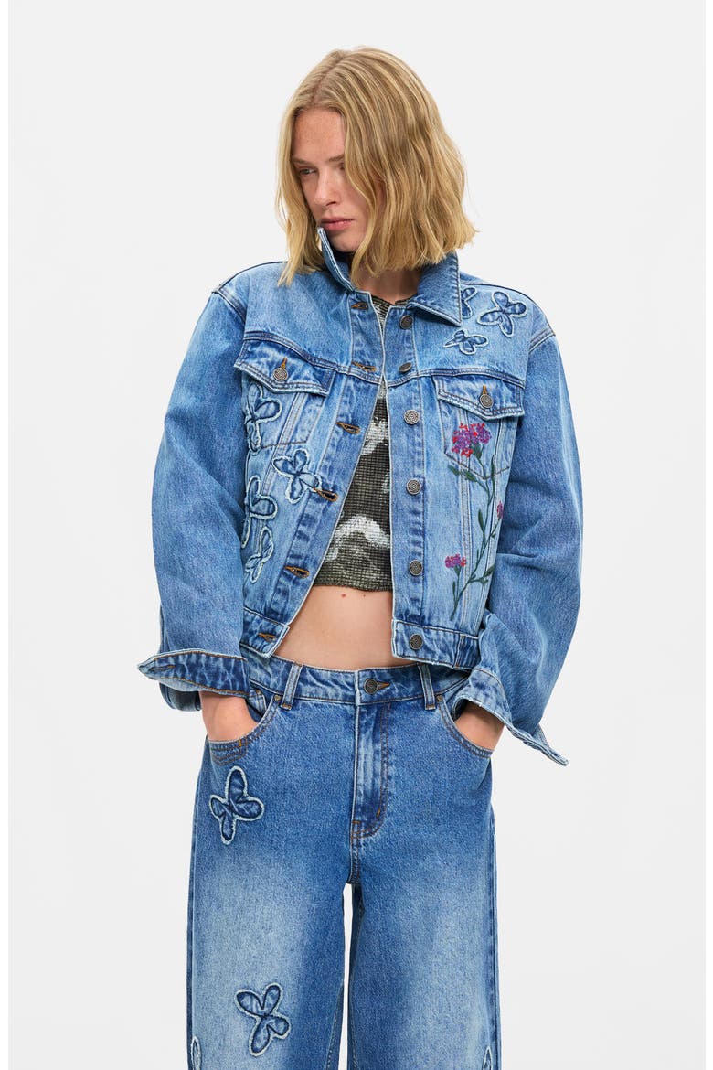 Floral Embroidered Butterfly Appliqué Wide Leg Jeans, Alternate, color, MEDIUM BLUE