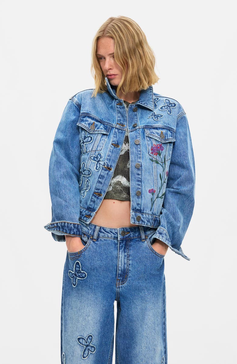 Desigual Floral Embroidered Butterfly Appliqué Wide Leg Jeans, Alternate, color, Medium Blue