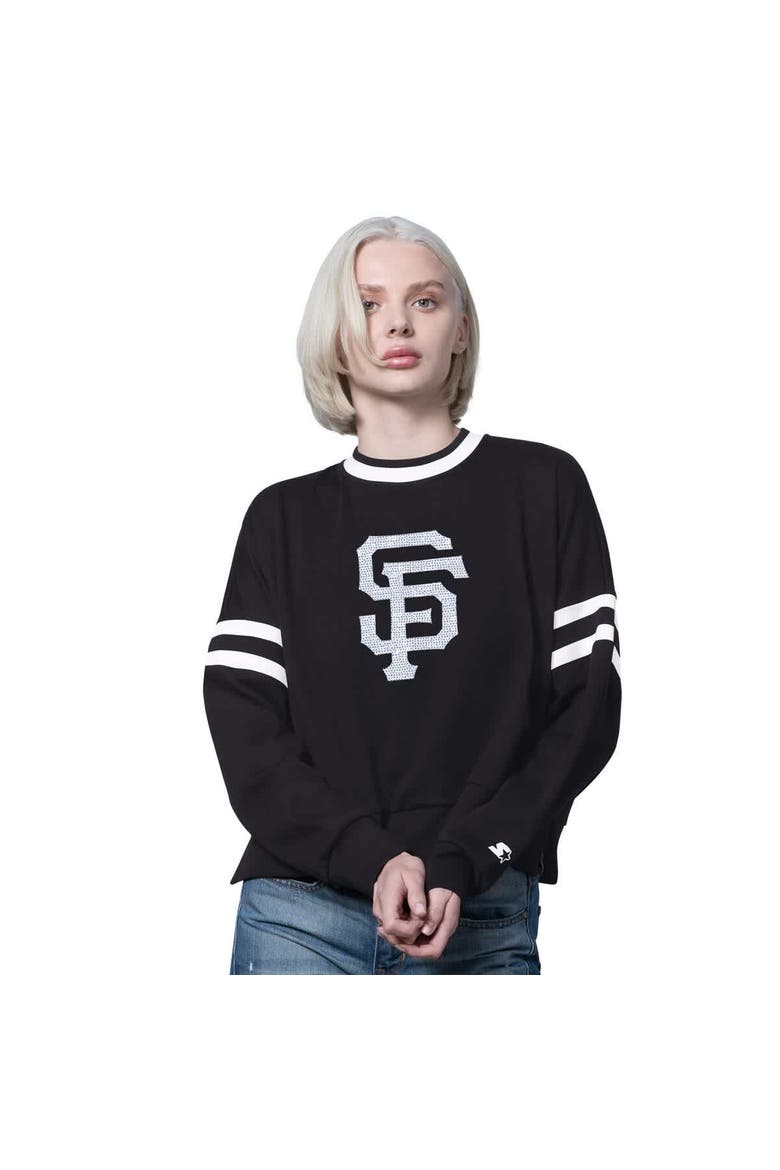 Women's Starter Black San Francisco Giants Rally Cropped Drop Shoulder Crewneck Sweatshirt, Main, color, Black