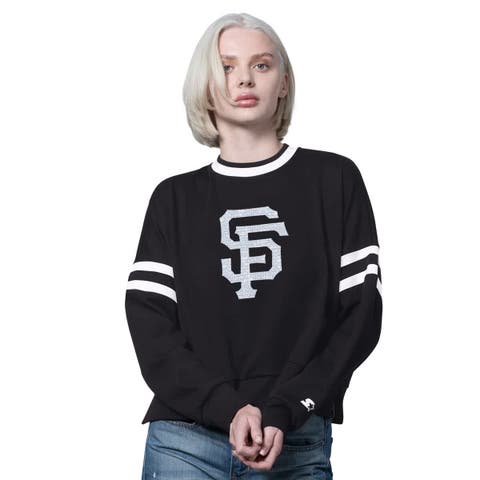 Women's Starter Black San Francisco Giants Rally Cropped Drop Shoulder Crewneck Sweatshirt