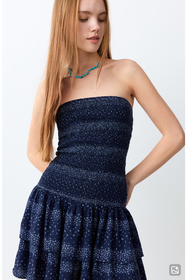 Print Smocked Strapless Tiered Minidress, Alternate, color, NAVY