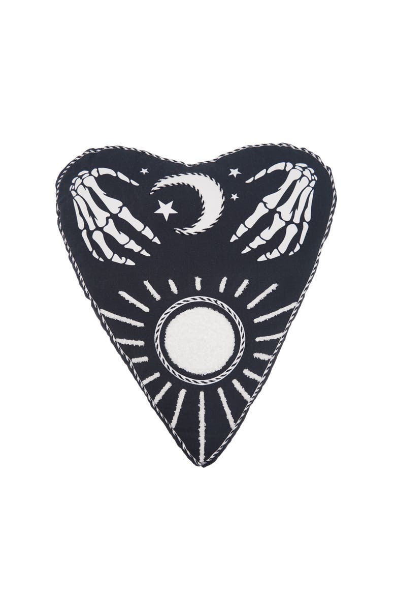 Mystical Planchette Heart Shaped Cotton Blend Halloween Accent Pillow 14" x 16", Main, color, Black