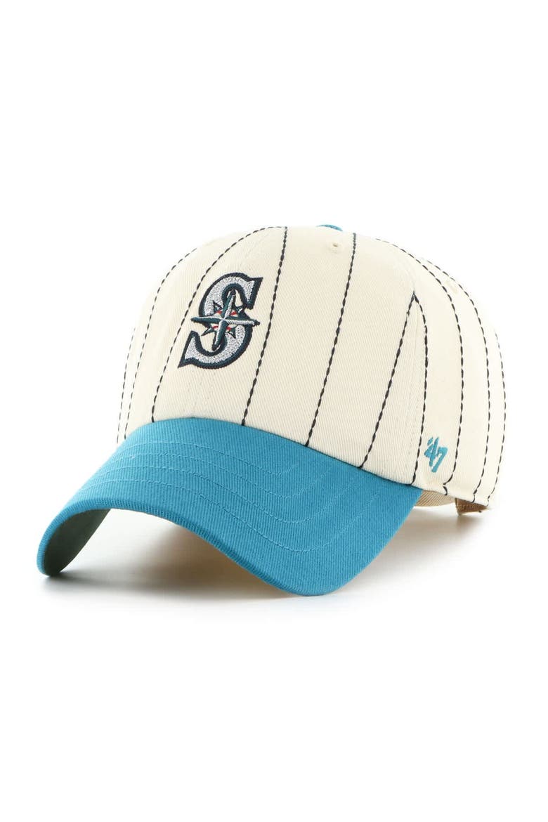 Men's '47 x Rawlings Natural/Teal Seattle Mariners Pinstripe Clean Up Adjustable Hat, Alternate, color, Natural