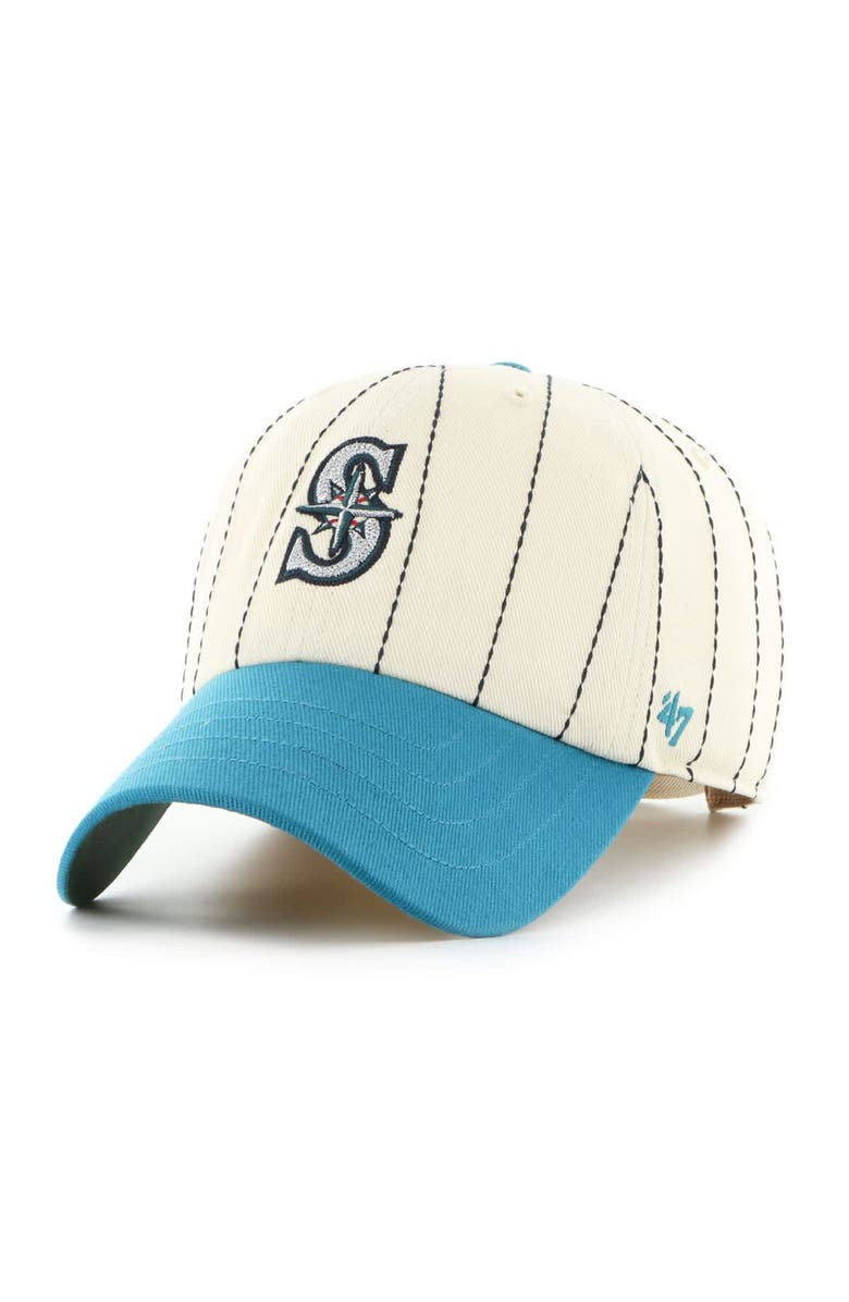 '47 Men's '47 x Rawlings Natural/Teal Seattle Mariners Pinstripe Clean Up Adjustable Hat, Alternate, color, Natural