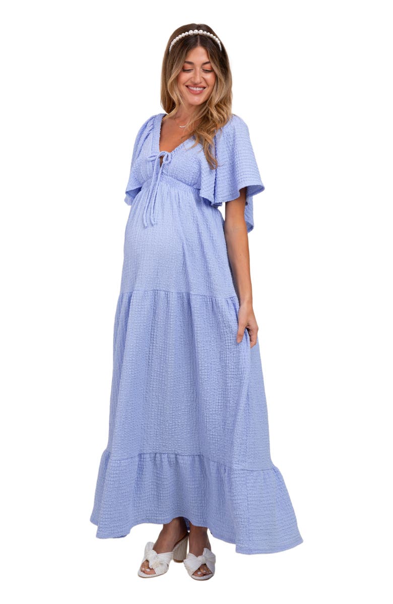 PinkBlush Woven Textured Flutter Sleeve V-Neck Tiered Maxi Dress, Alternate, color, Light Blue